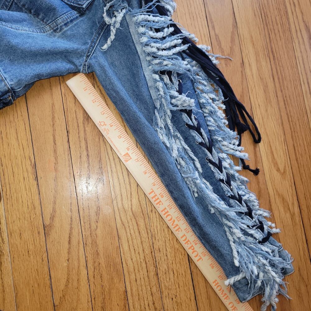 Azalea Wang Blue Denim Jacket Cropped Lace Up Sleeve Fringe Rocker Sz Large - Picture 7 of 12